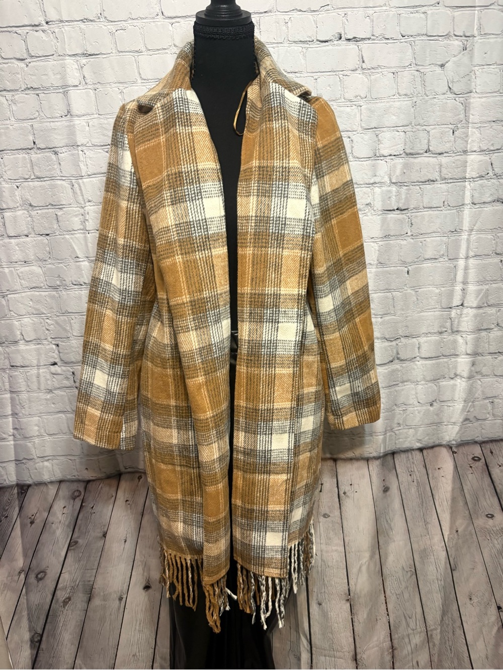 Love Tree Mustard Plaid Fringe Hem Open Front Coat
